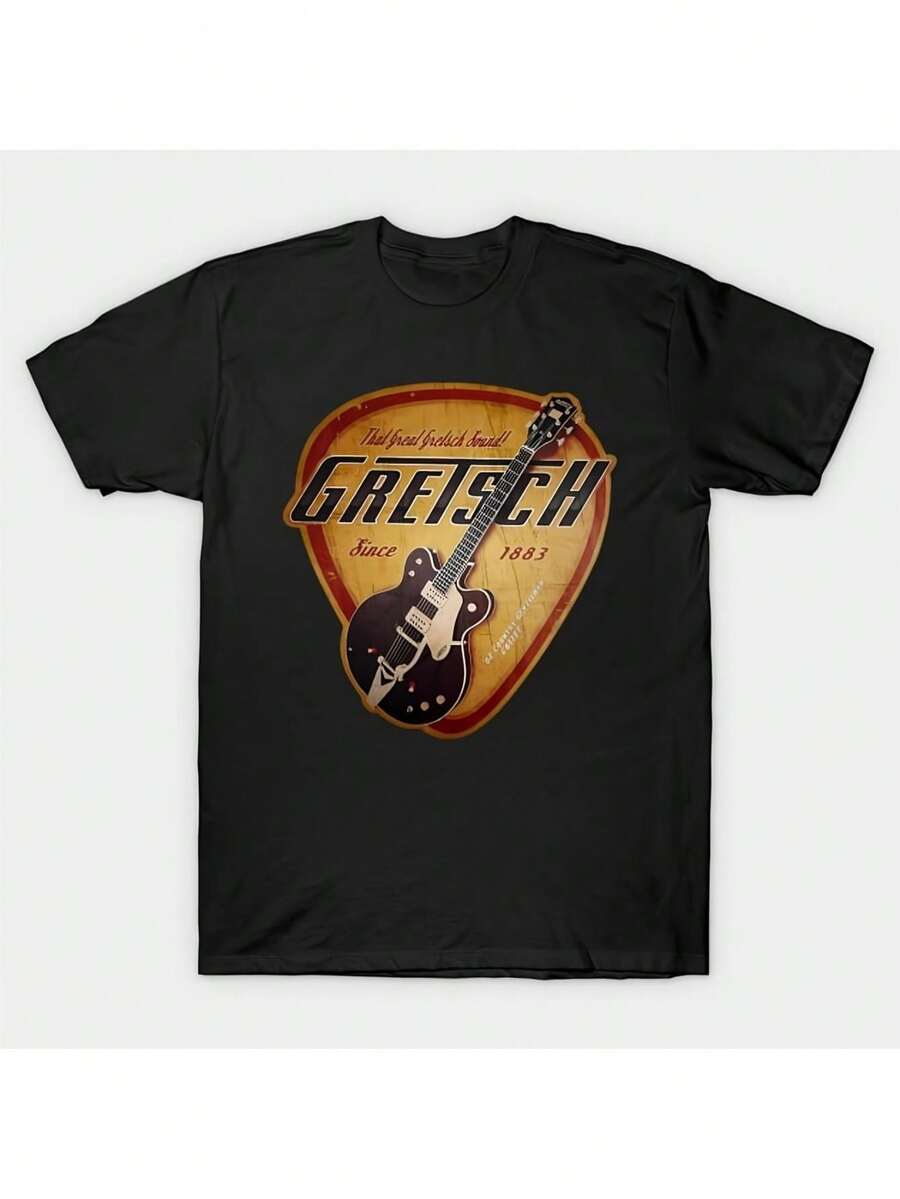 Printed T-Shirt Cotton Plus Size Men's Clothing, The Fretboard King Vintage Graphic Plus Size Women's T-Shirt - Black Short Sleeve Tee With Yellowish-Orange Guitar Shield Design, Bold GRETSCH Logo, And Cursive Font Details - Perfect For Music Lovers And Festive Occasions! ,Y2K,Oversized Shirt Men S-5XL,Summer Tops - 黑色 - 查看 1