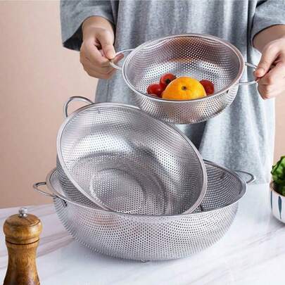 Zawaer 3pcs Stainless Steel Micro-Perforated Colanders With Handles, Suitable For Pasta, Fruit, Rice, Vegetables, Healthier, Highly Polished, Dishwasher (20/23/29cm)