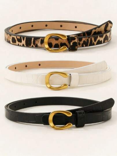 1pc/3pcs Set Leopard Print Letter U-Shape Alloy Buckle Ladies Thin Waist Belt, Versatile For Casual, Business, Date, Party, All Seasons
