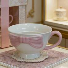 A Creative 3D Embossed Hand-Painted Bowknot Pattern Ceramic Coffee Cup, Bowknot Mug, Carefully Packaged As A Gift For The Back-To-School Season - White - View 7