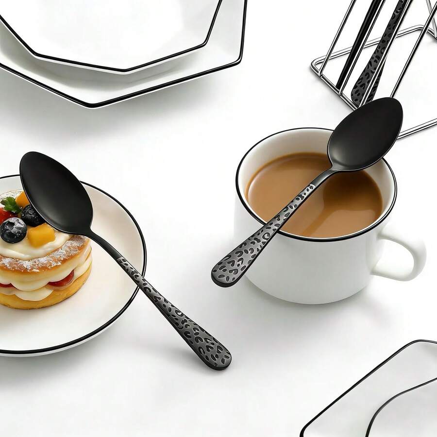 4/8pcs Stainless Steel Black Cutlery Set, Unique Pattern Design With Laser Engraved Handles, Including Coffee Spoons, Dessert Spoons And Tea Spoons, Suitable For Kitchen, Dining Room And Cafe - Black - View 1