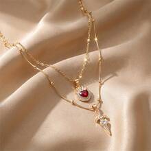 多层情人节新款复古红色爱心水晶项链，女士双层锁骨链，浪漫告白礼物 - 金色 - 查看 9