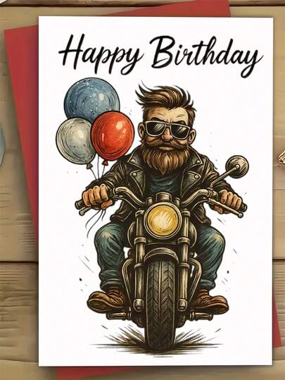 1 Vintage Motorcycle Birthday Card With Balloon - Mustachioed Motorcycle Rider Design, Perfect For Men Who Love Biking, Ideal For Christmas And Unique Heartfelt Greetings, Motorcycle Birthday Card, Christmas Card