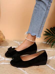 Women's Wedge Flats | Black Suede | Bow Decoration | Low Wedge Heel | Comfortable Slip-On Commuter Shoes - 黑色 - 查看 2