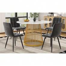 Dining Set (5 Pieces), Including A Table And Four Chairs, A Modern Kitchen Set, A Round Table 80 Cm In Diameter With Gold Metal Legs, A White MDF Top And Dark Grey Velvet Dining Chairs. - Dark Grey - View 4
