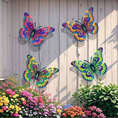 4pcs Colorful Metal Butterfly Wall Art Decor, Metal Butterfly Outdoor Wall Decor, Suitable For Garden, Yard, Living Room, Bedroom, Patio, Balcony - No Electricity Needed, Outdoor Fence Art Decor, Ideal Gift For Family And Friends