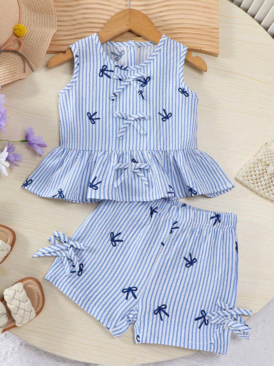 女童无袖背心短裤套装，夏季 - 藍色 - 查看 1