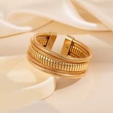 1pc Multi-Layer Open Bangle Bracelet, Personalized Exaggerated Wrapped Vertical Striped Elastic Fresh Fashion Bracelet For Women - S012/Gold - View 6