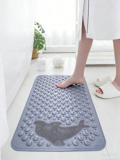 Non-Slip Shower Mat, 70x35cm Bath Mat With Suction Cups And Drainage Holes, Waterproof & Easy To Clean, Bathroom Mats With Textured Surface For Safety, Gray Dolphin Design