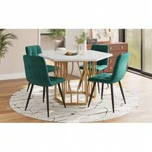 Dining Room Table And Chairs Set (5 Pieces), Modern Hexagonal Marble Table + 4 Green Velvet Chairs To Create A Warm And Contemporary Atmosphere, Gold Table Legs - Green - View 2