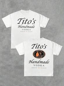 Printed T-Shirt Cotton Plus Size Men's Clothing, Tito's Handmade Vodka - Brand - Inspired Black T - Shirt - Front And Back With Tito's Handmade Vodka Typography And Logo! 100% Cotton 220g Double - Sided Printed T - Shirt ,Y2K,Oversized Shirt Men S-5XL,Summer Tops - White - View 1