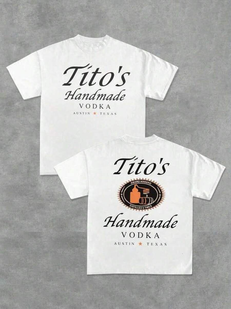 Printed T-Shirt Cotton Plus Size Men's Clothing, Tito's Handmade Vodka - Brand - Inspired Black T - Shirt - Front And Back With Tito's Handmade Vodka Typography And Logo! 100% Cotton 220g Double - Sided Printed T - Shirt ,Y2K,Oversized Shirt Men S-5XL,Summer Tops - White - View 1