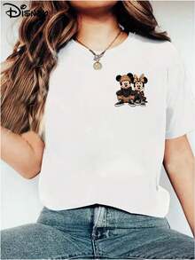 Disney Mickey And Minnie Mouse  Outfit Print Soft And Stretchy Casual Short-Sleeved Top, Fashionable Short-Sleeved Round-Neck T-Shirt, Breathable And Lightweight, Fashionable And , For Women. - White - View 2