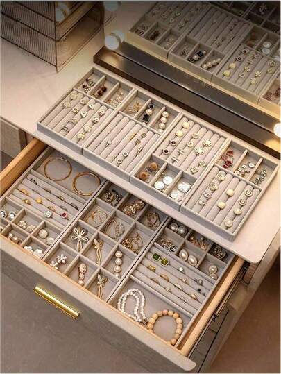 1/9件套天鹅绒首饰收纳托盘，抽屉式首饰盒，大容量首饰整理盒，带独立隔层，可堆叠，耐用纤维材质，易于清洁，适用于首饰收纳、展示、手镯、耳环、项链、戒指、手表、胸针等，万圣节、情人节、复活节、生日礼物、派对、母亲节、探亲访友、送给女朋友的礼物