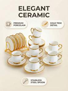 1 Set Ceramic Coffee Cup And Saucer, Ceramic Tea Cup And Saucer Set, European Style Gold Rim Drinkware, Suitable For Breakfast, Tea Party, Afternoon Tea, Home, Garden, Restaurant, Summer And Winter - Multicolor - View 10
