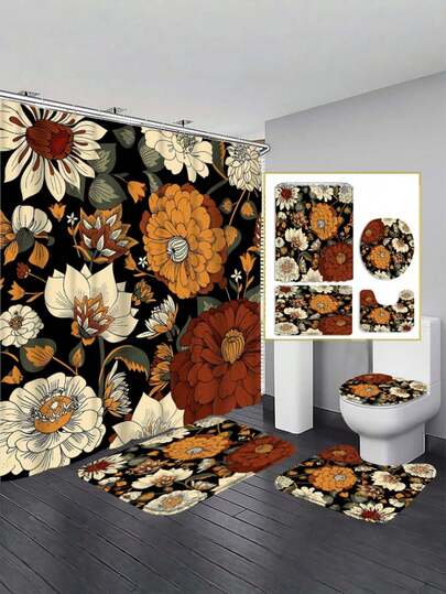 4件套复古花卉图案焦橙色浴室浴帘套装，72x72英寸，防水耐用涤纶材质，波西米亚复古花卉装饰，含浴垫和12个免费挂钩