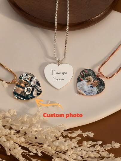 Personalized Photo Necklace, Engraved Picture Necklace, Heart-Shaped Photo Pendant, Mother Memorial Photo Necklace, Couples Gift, Wife Gift