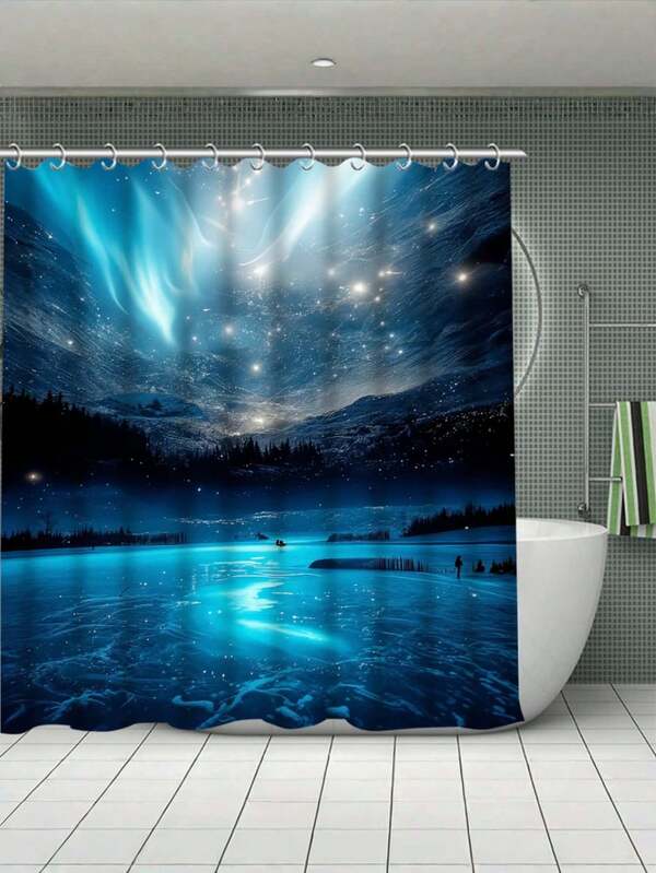 4 pièces Ensemble de décoration de fête d'art du ciel étoilé de la nuit polaire, comprenant : rideau de douche, rideau de douche imperméable avec 12 crochets, tapis de bain antidérapant, tapis en forme de U pour toilette, couvercle de siège de toilette, décoration de salle de bain