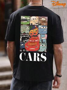 Disney Men's Casual T-Shirt, Cars Character Grid Print, Nostalgic Cartoon Design, Relaxed Fit, Ideal For Disney Fans & Daily Streetwear - 黑色 - 查看 1