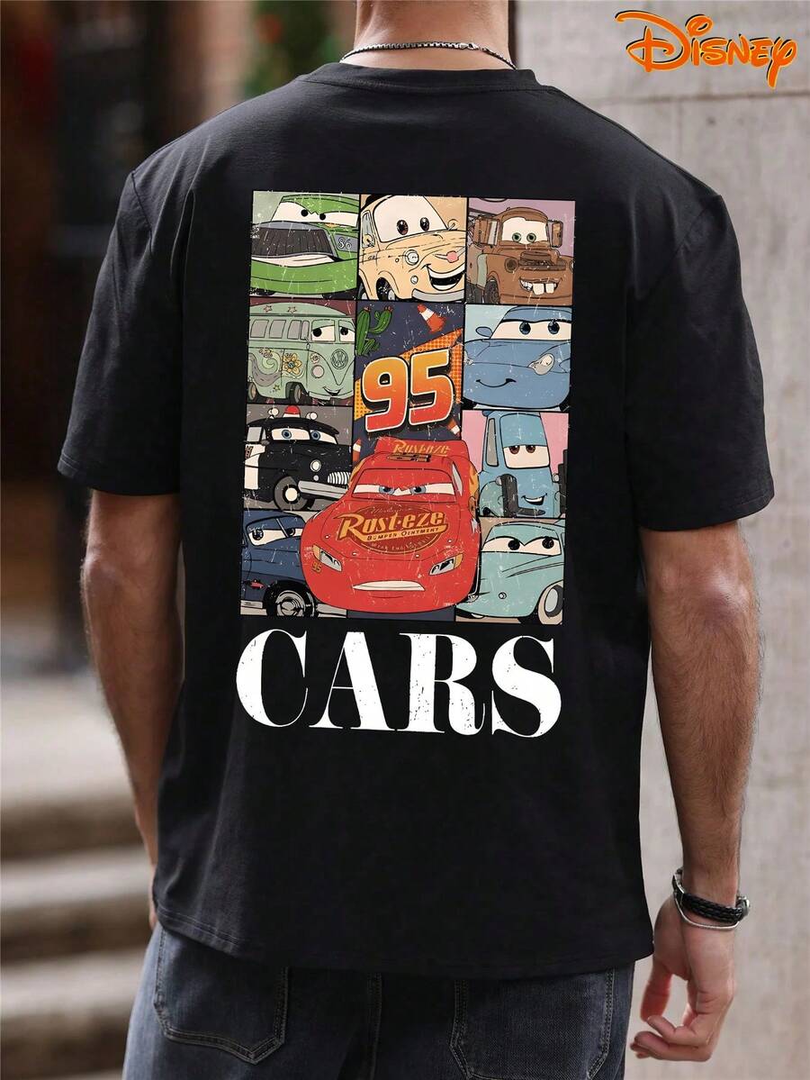 Disney Men's Casual T-Shirt, Cars Character Grid Print, Nostalgic Cartoon Design, Relaxed Fit, Ideal For Disney Fans & Daily Streetwear - 黑色 - 查看 1