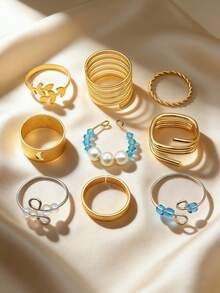 月牙珠减压叠层金戒指套装，甜美风格，女士款 - 金黃色 - 查看 2