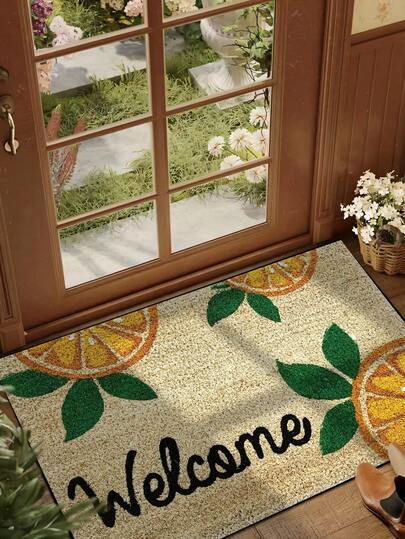 1 pieza Felpudo con patrón de "Bienvenida" con 3 rebanadas de limón y hojas verdes, estilo rústico para interiores/exteriores antideslizante, alfombra de fibra de poliéster lavable a máquina para cocina, comedor, pasillo, baño, dormitorio, exterior, entrada, decoración del hogar, decoración de habitaciones, para todas las estaciones