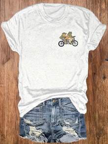 Frog Bicycle Casual Printed Round Neck T-Shirt, Women's Short Sleeve Top For Leisure And Vacation, Women's Clothing - trắng - Xem 3