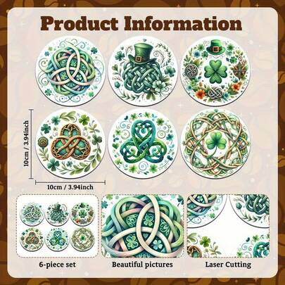 6个2D印刷爱尔兰主题杯垫，适用于露台、厨房、客厅、家庭聚会、桌面装饰，是节日、婚礼、生日、派对等场合赠送亲朋好友的理想礼物，也是家居装饰配件。