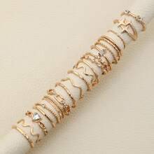 22件套时尚简约水钻心形、波浪形、星形不对称戒指，金色几何关节戒指套装 [闭合式戒指设计，请勿用力弯曲] - 金色 - 查看 2