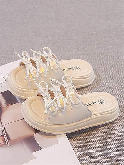 1 Pair Beige Infant/Toddler Girls' Fashion Rhinestone Slip-On Sandals, Colorful Soft PU Material Round Toe, Comfortable Cute Roman Beach Slippers For 3-15 Years Old Girls, Suitable For Daily Casual, Beach, Summer