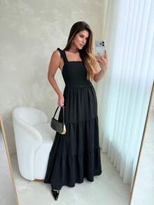 Long Dress With Lace Detail At The Waist In Duna Fabric - Black - View 1