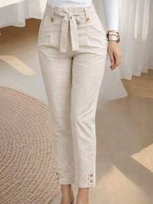 Women's Skinny Linen High-Waisted Trousers With Slash Pockets And Front Tie – Elegant Formal Style, Modern Tailoring, Chic Fitted Cut For Work, Events, And Sophisticated Casual Fashion Looks - 米色 - 查看 4