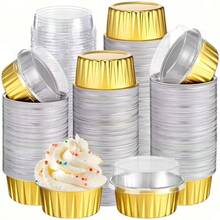 25/50pcs Pudding Cups With Lids - Mini Cake Boxes | Heat-Resistant Baking Cups | Round Foil Molds For Cheesecake And Fruit Cake Party Gifts, Suitable For Oven Home Use, DIY Cake Making Hobbyists Essential, Non-Stick Easy To Clean Mini Cups - Gold-1 - View 7
