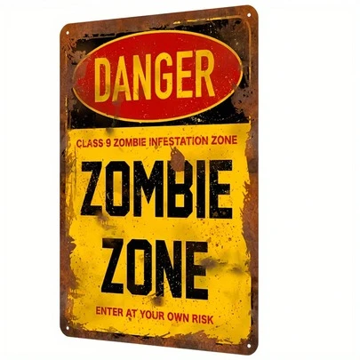 1pc 12"X8" Vintage Zombie Area Danger Metal Sign - Retro Iron Wall Decor, Distressed Yellow & Black Design, "Enter At Your Own Risk" Humorous Warning Sign, Suitable For Bar, Garage, Man Cave & Zombie Themed Room, Entertainment Area Decoration, Sturdy Construction, Horror Style Wall Hanging, Must-Have For Horror Fans