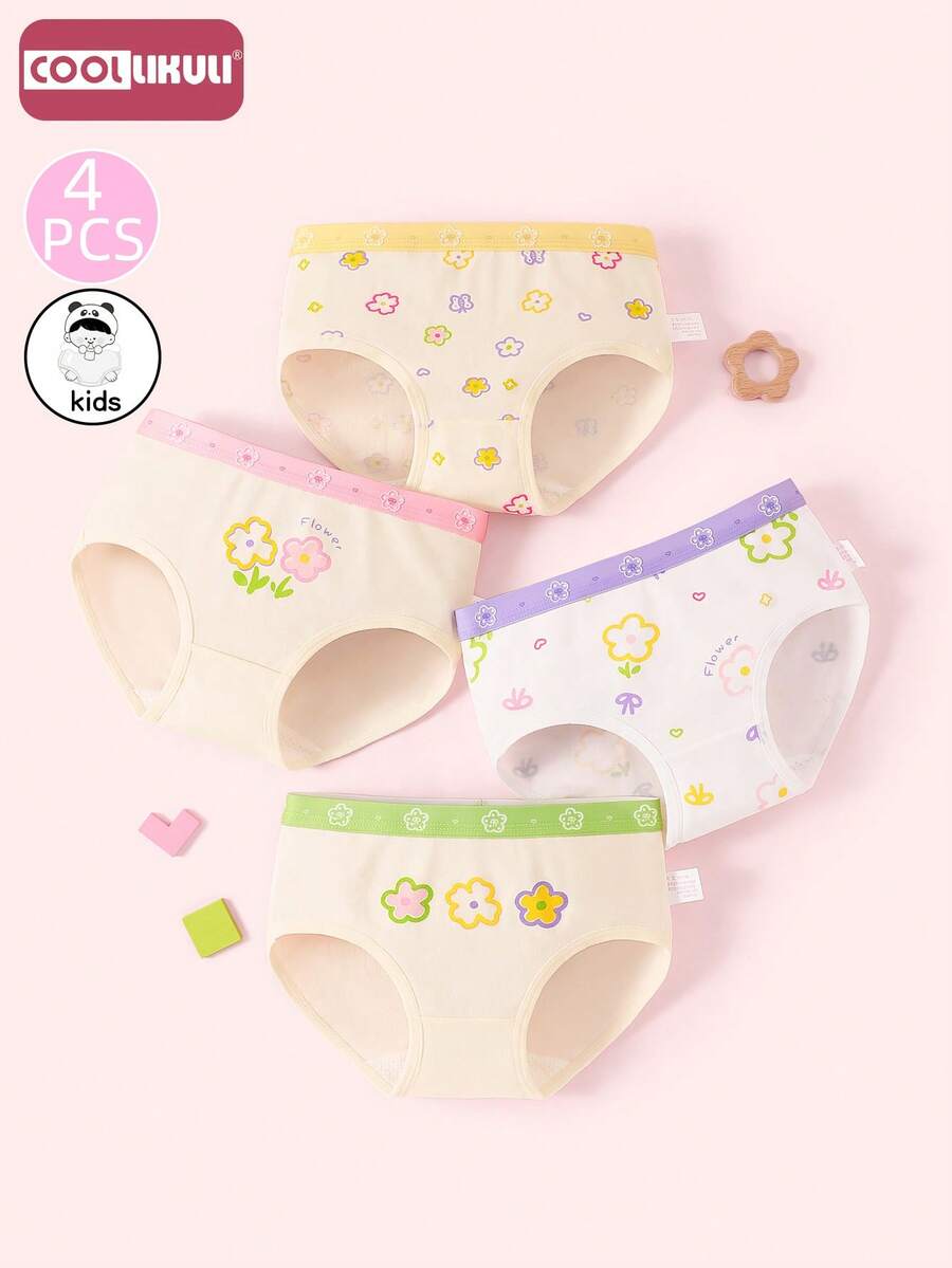 Coollikuli 4-Piece Cute Girl Short Trunks With Adorable Designs, Featuring Fashionable Ditsy Floral Patterns, Soft And Comfortable Flower-Themed Young Girl Underwear, Young Girl Trunks - Multicolor - View 1