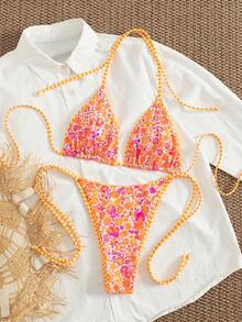 Summer Leopard Print Spaghetti Strap Tie-Up Bikini Set, Suitable For Beach Vacation - Orange Stripes - View 2