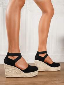 Women's Wedge & Platform Slip-On Espadrille Shoes, Black Round Toe Vacation Beach Woven Strap Sandals, Vacation Rope Sole Elastic Band Paired With Women's Shoes - Black - View 9