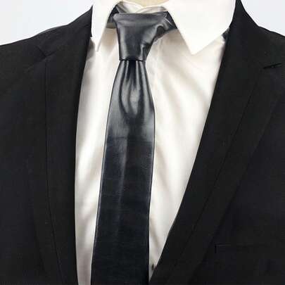 1pc Men's High-End Black PU Leather Necktie, Suitable For Pairing With Shirts And Suits, Also Makes A Great Gift