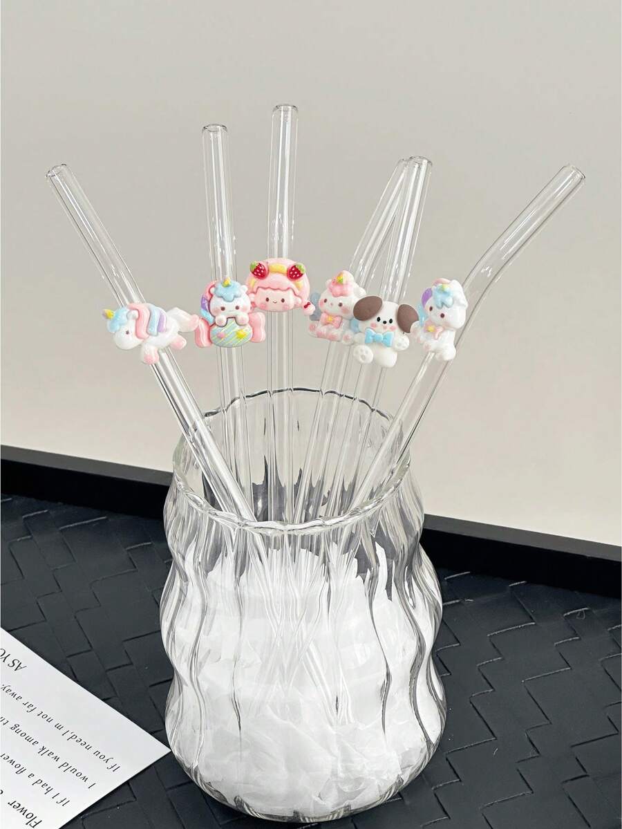 卡通可爱小马造型玻璃吸管，透明，适用于奶昔、牛奶、茶、果汁、鸡尾酒、冷饮等，派对装饰，卡通可爱小马女孩造型，可重复使用弯曲玻璃吸管，适用于奶昔、牛奶、茶、果汁、鸡尾酒、冷饮，送给女朋友的礼物，甜品店、软饮吧、办公室、酒吧、餐厅 - 查看 1