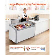 Commercial Ice Cream Display Case, 12.8 Cu.Ft Chest Freezer, -19 To 3℉ Temp Adjustable Mobile Top Deep Freezer With 4 Wire Baskets, 2 Sliding Glass Doors, Locking Casters & LED Strip Lighting - 12.8 Cu.ft Ice Cream Meal Stand - View 3