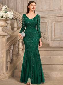 MIUSOL Sequin Floral Lace Deep V-Neck Long Sleeve Mesh Fishtail Hem Maxi Evening Party Dress - Dark Green - View 5