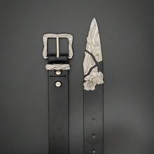 Punk Metal Western Sword Samurai Engraved Fashionable Belt, Retro Leather Belt Unisex - Black - View 2