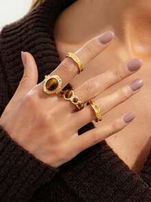 4pcs/Set Bohemian Style Asymmetrical Gemstone Inlaid Fashion Rings Set, Luxurious Casual Party Daily Wedding Holiday Versatile Charm Jewelry Gift For Women - Ring - View 8