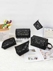 1pc/5pcs Printed Mesh Cosmetic Bag, Heart-Shaped Makeup Bag, Flocked Transparent Storage Bag, Large Capacity Makeup Bag, Portable Cosmetic Storage Bag, Lipstick & Coin Purse, Toiletry Bag, Travel Handbag, Ladies Lipstick Small Bag, Mesh Cosmetic Bag, Shell Bag, Hollow Toiletry Bag, Heart Print Transparent Mesh Cosmetic Bag, Travel Toiletry Bag - Black - View 8