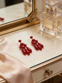 2026新款优雅多巴胺耳环，复古红色水滴耳环，与ZAA款式相同，适合女性日常佩戴 - 紅色 - 查看 3
