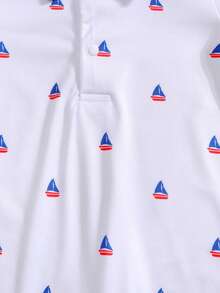 2pcs/Set Newborn Baby Boys/Girls Sailing Print Embroidered Polo Shirt Short Sleeve Romper Outfit, Summer - Navy Blue - View 5