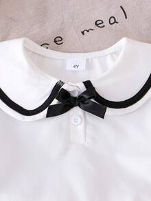 2件套女童彼得潘领黑色蝴蝶结Polo衫+松紧腰褶裙套装，夏季 - 白色 - 查看 4