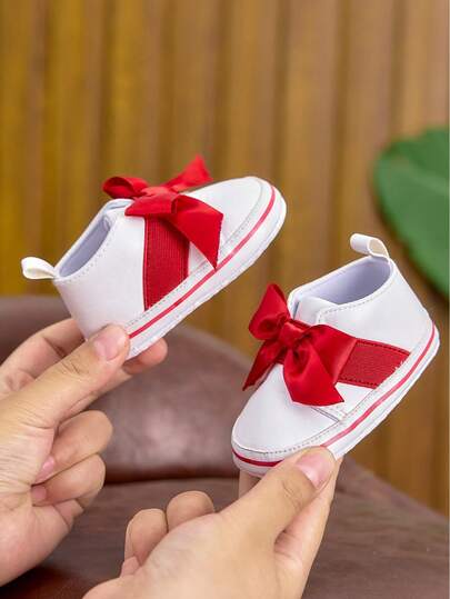 Spring/Autumn Baby Girl Casual Shoes, 0-1 Years Old, Soft Bottom, Cute Bow Tie Slip-On, Infant Toddler Shoes, PU Material, Lightweight, Color Blocking, Suitable For Indoor And Outdoor