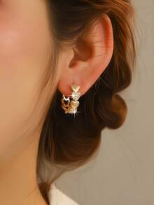 Hihho 1对时尚优雅简约闪亮锆石镶嵌心形耳环，心形拼接独特珠宝耳环，情人节派对女孩礼物 - 耳圈 - 查看 2