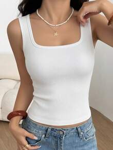1pc Women's Basic Solid Color Square Neck Sleeveless Tank Top, Casual Comfortable Minimalist Ribbed Fitted Vest, Suitable For All Seasons - White - View 2